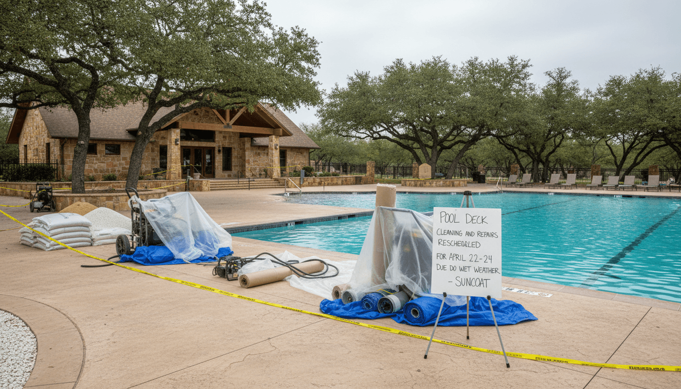 Pool deck cleaning and repairs have been RESCHEDULED FOR APRIL 22-24